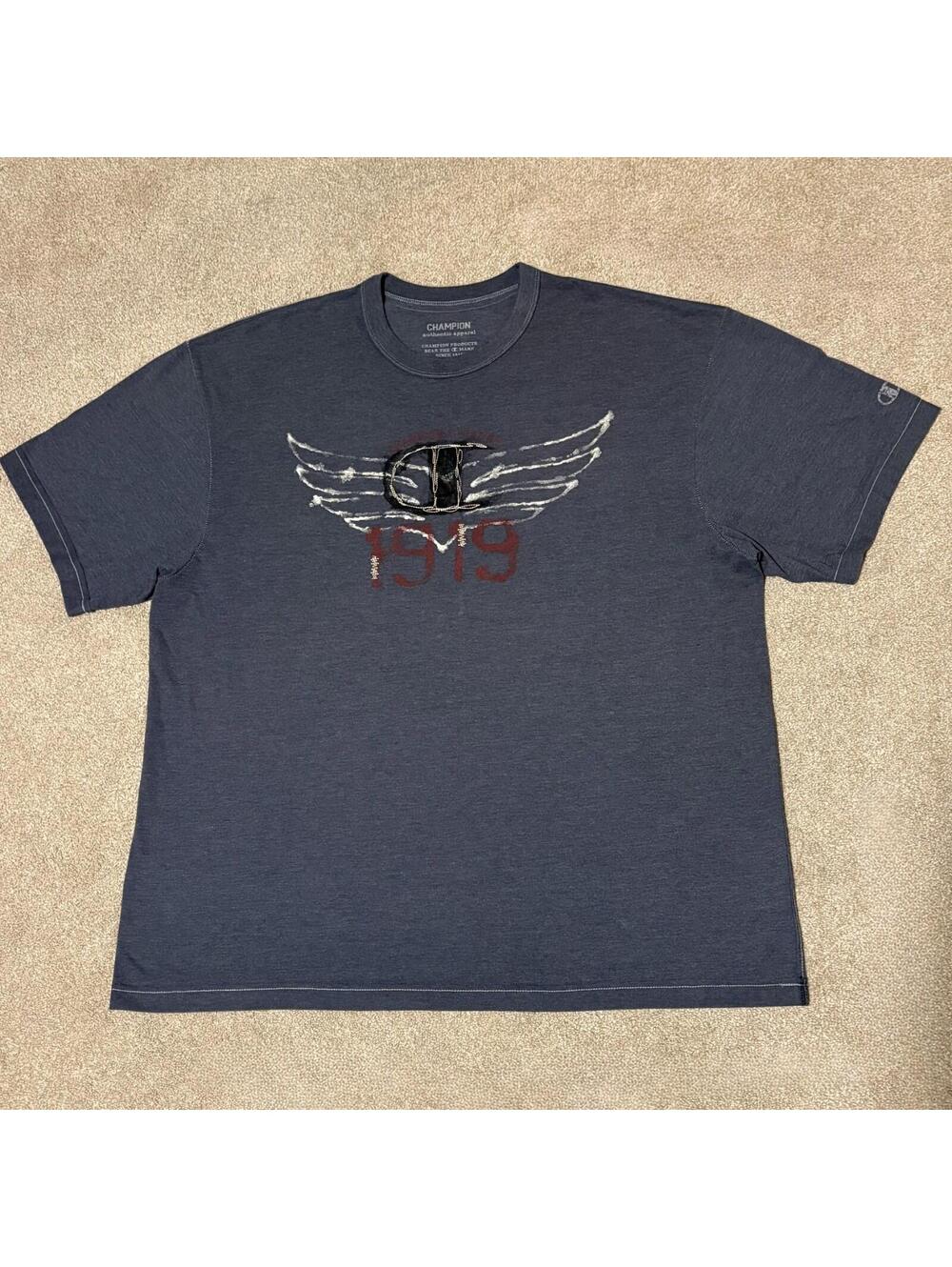 Champion Mens XXL 1919 Wings Embroidered T Shirt Short Sleeve Grunge 90s Gray